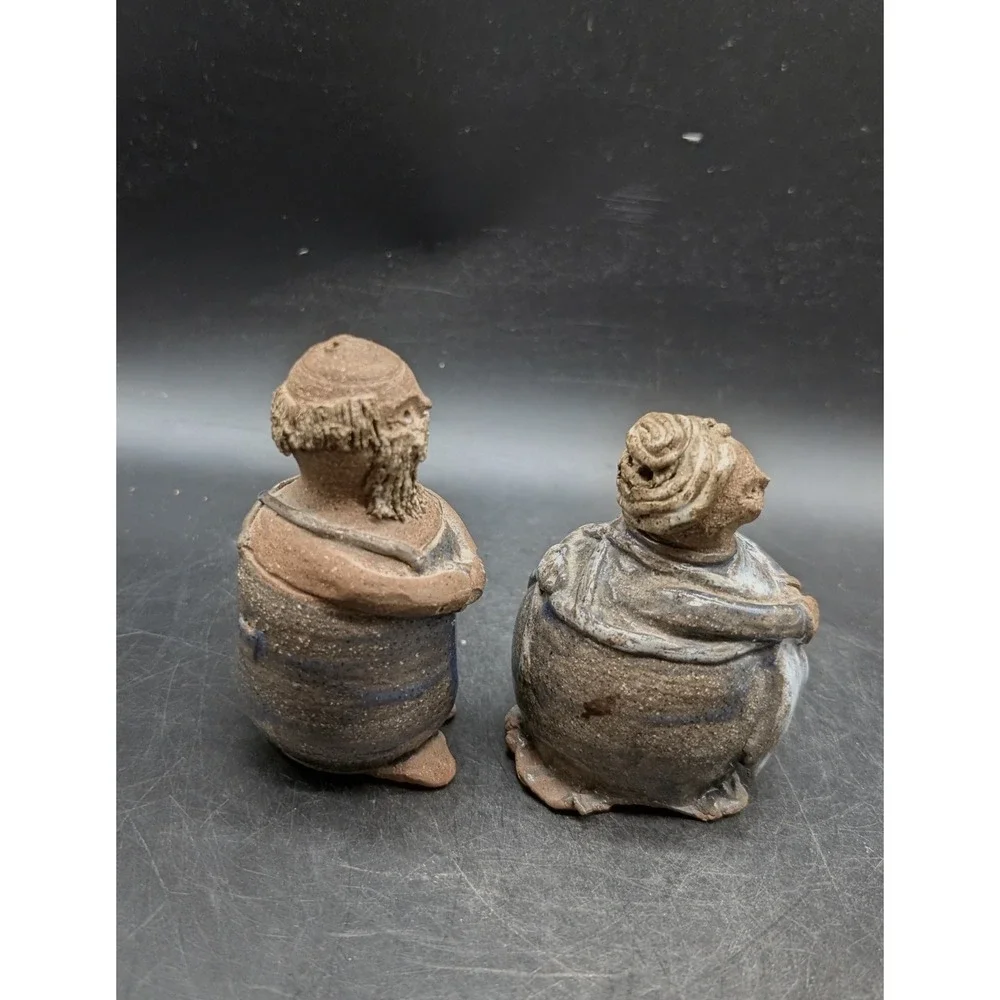 Vintage Studio Pottery Folk Art Farmer Couple Salt and Pepper Shakers Stoneware